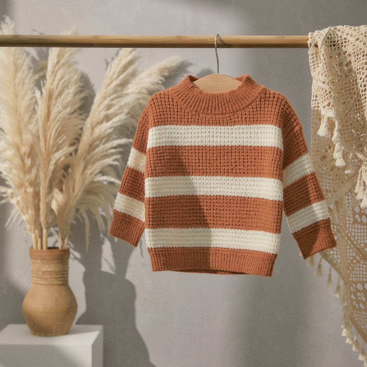 Striped Knit Pullover Sweater in Caramel