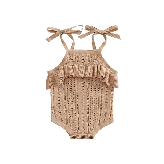 Knit Ruffle Spaghetti Romper in Khaki