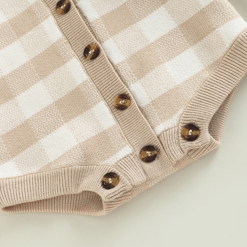 Plaid Knit Button Up Romper in Beige