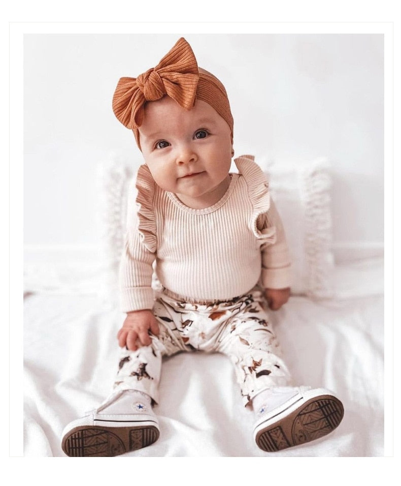 Ribbed Ruffle Sleeve Onesie & Matching Bow in Beige