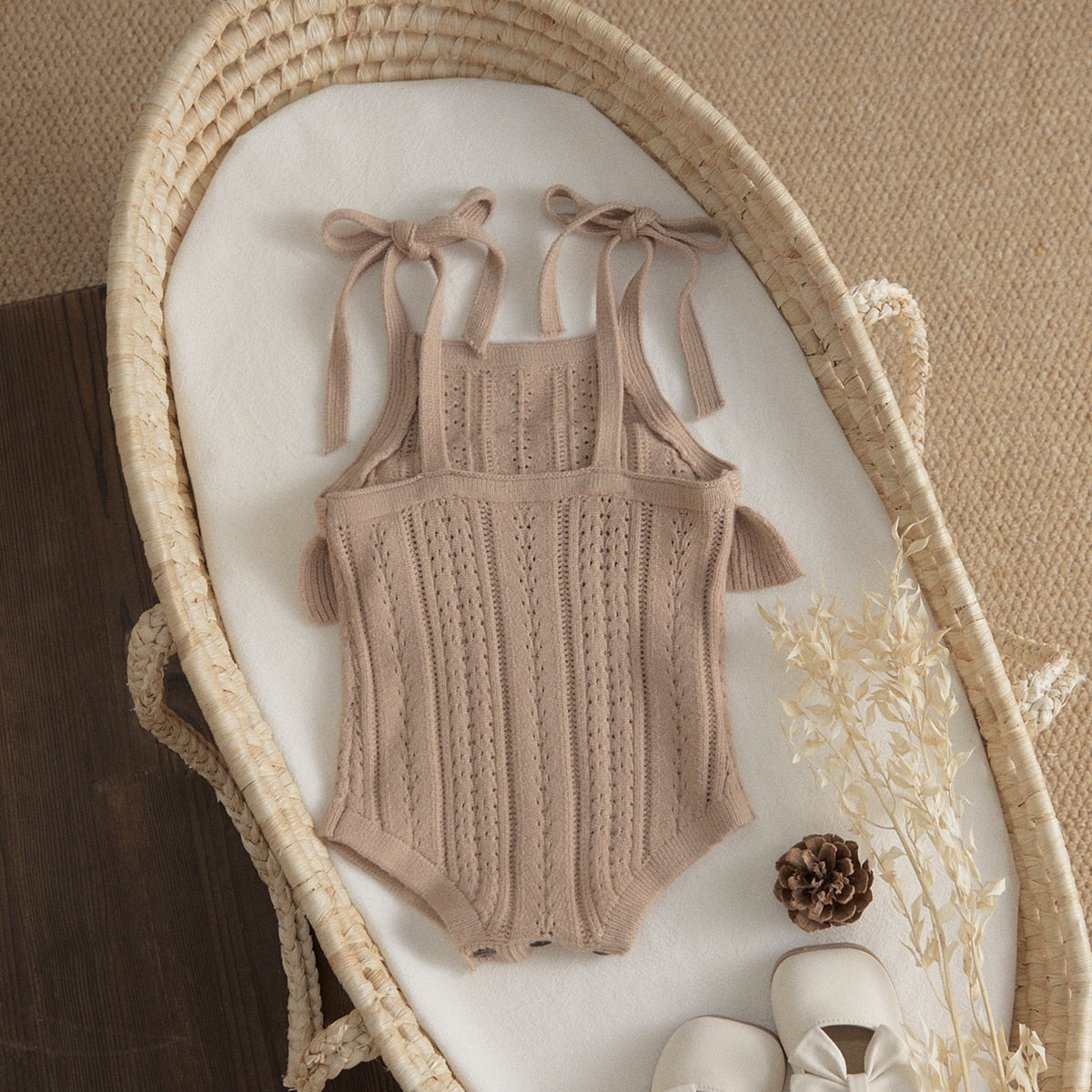 Knit Ruffle Spaghetti Romper in Khaki