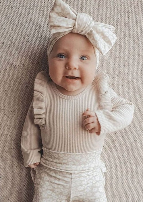 Ribbed Ruffle Sleeve Onesie & Matching Bow in Beige