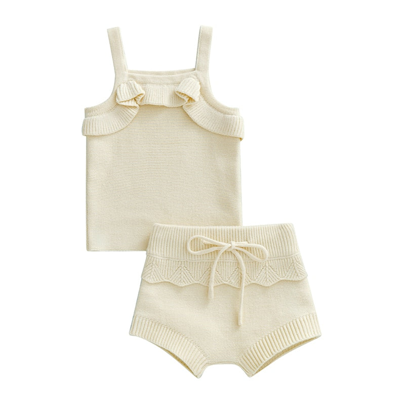 Knit Frilly Tank & Detailed Drawstring Shorts in Cream