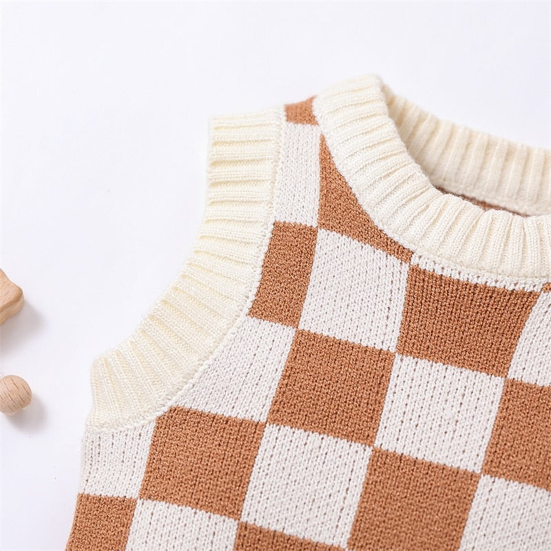 Checkerboard Knit Sleeveless Sweater & Tie-Up Shorts