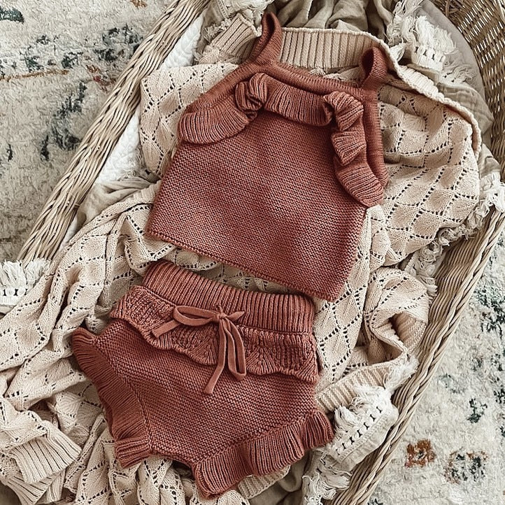 Knit Frilly Tank & Detailed Drawstring Shorts in Brown