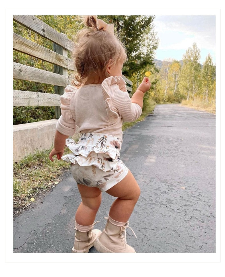 Ribbed Ruffle Sleeve Onesie & Matching Bow in Beige