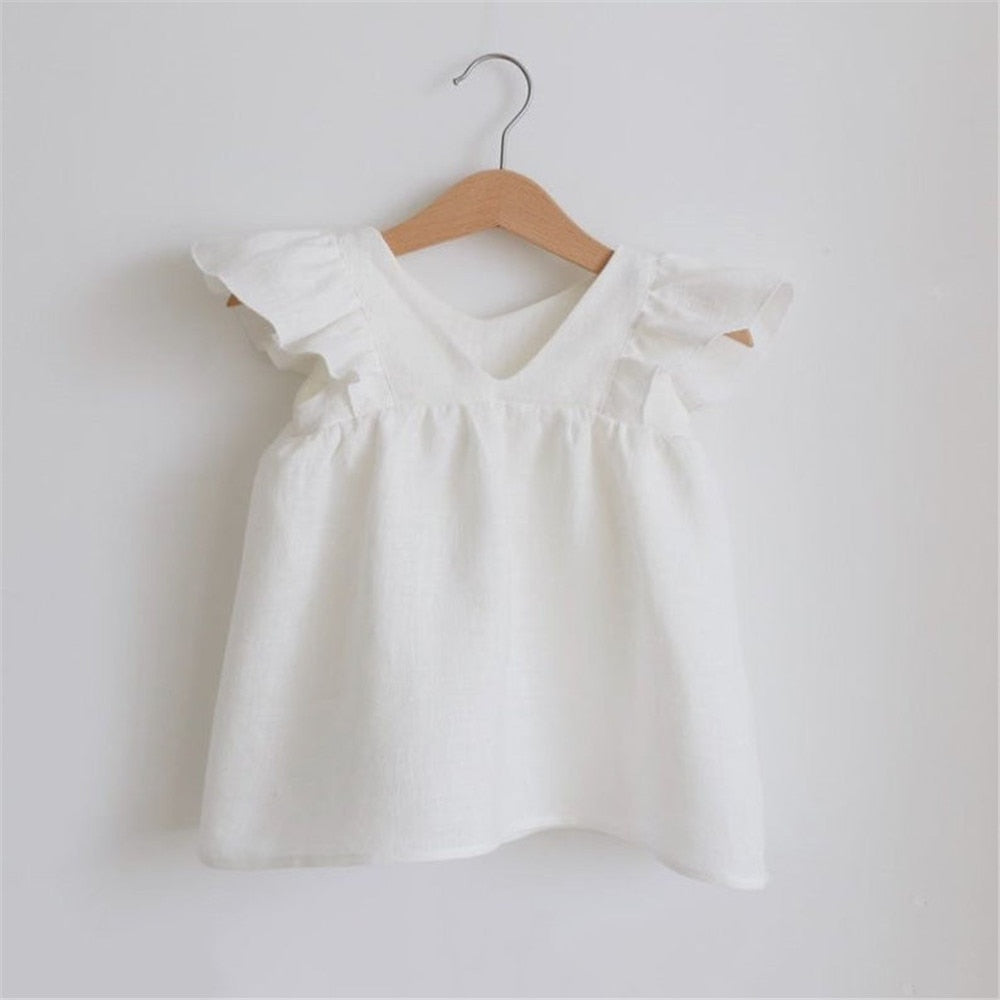 Cotton Linen Flutter Sleeve Dress in White