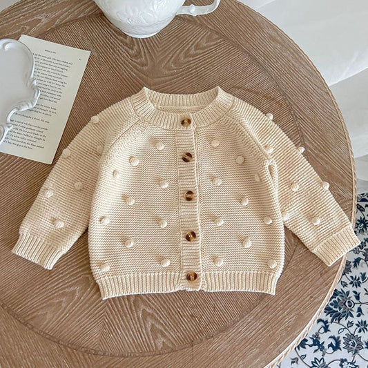 Pom Button Up Cardigan in Oat