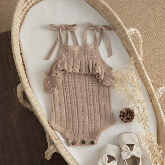 Knit Ruffle Spaghetti Romper in Khaki