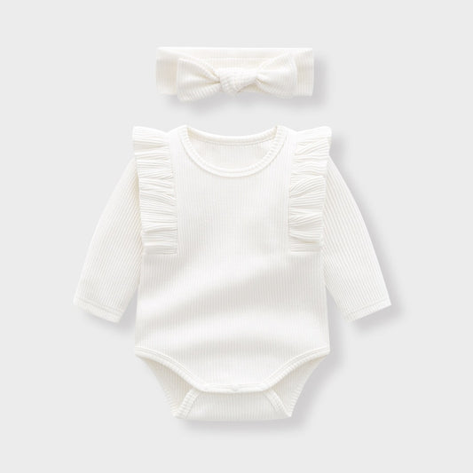 Ribbed Ruffle Sleeve Onesie & Matching Bow in White