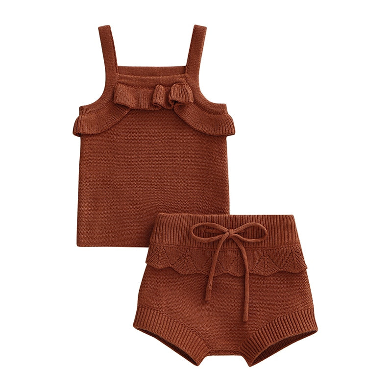 Knit Frilly Tank & Detailed Drawstring Shorts in Brown