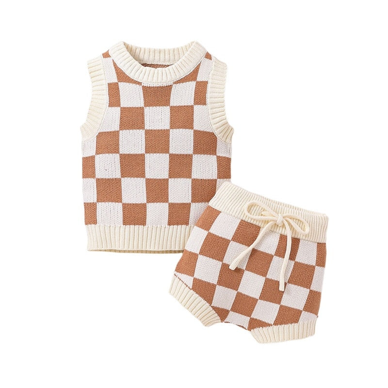 Checkerboard Knit Sleeveless Sweater & Tie-Up Shorts