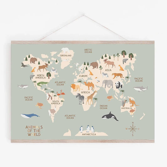 World Map on Canvas - Illustrated Animals