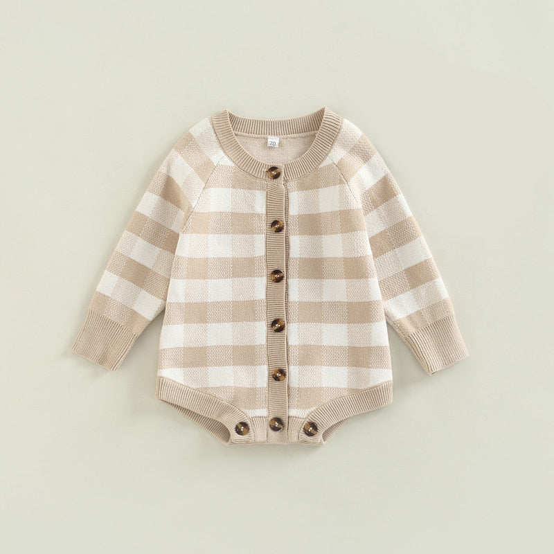 Plaid Knit Button Up Romper in Beige