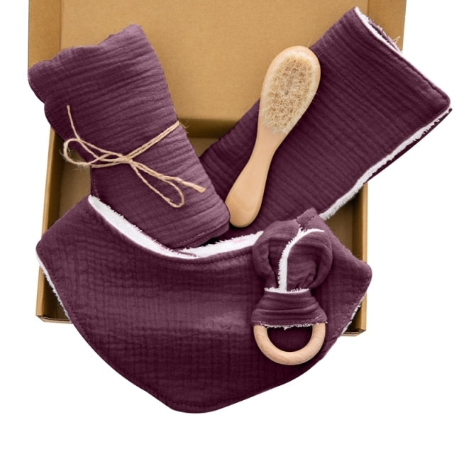 Newborn Cloth Teether & Bib Gift Set - Plum