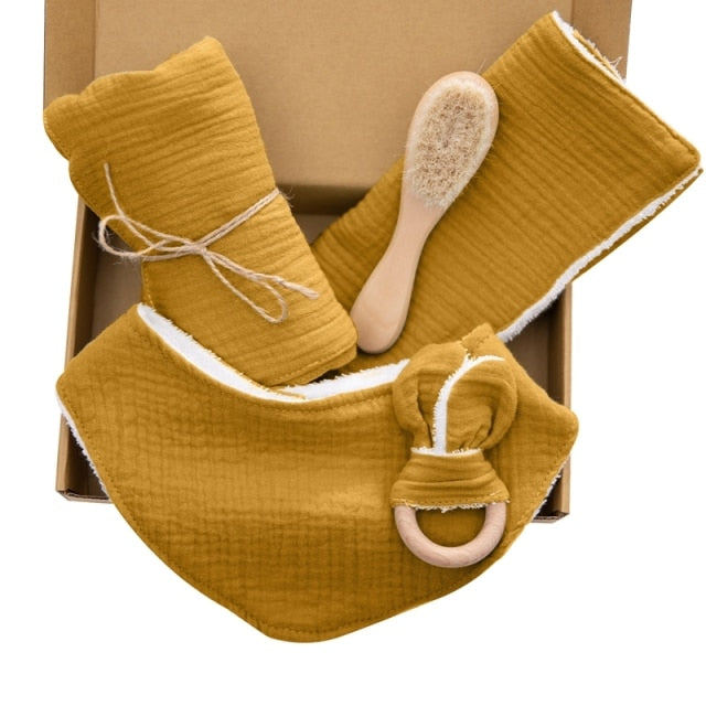 Newborn Cloth Teether & Bib Gift Set - Mustard