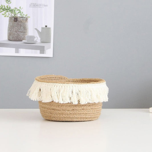 Handwoven Storage Basket with Fringe Tassels