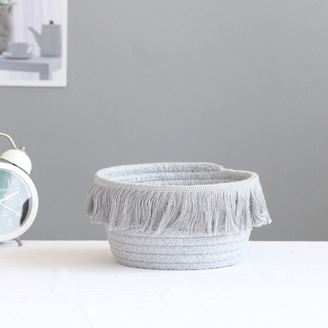 Handwoven Storage Basket with Fringe - Gray