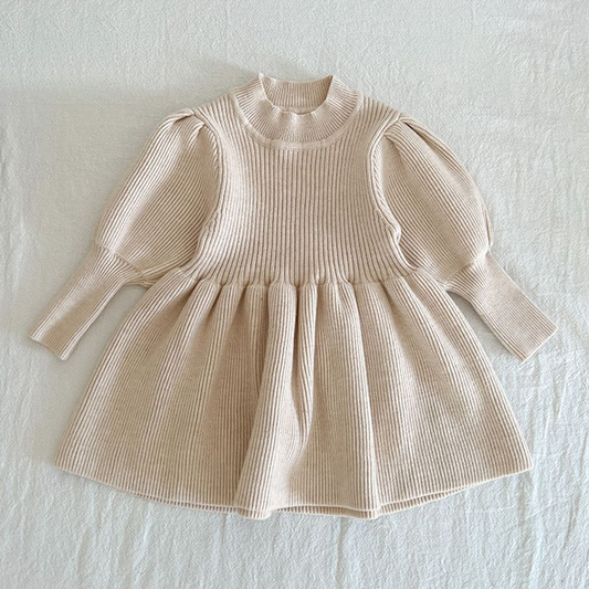 Puff Sleeve Knit Sweater Dress in Beige