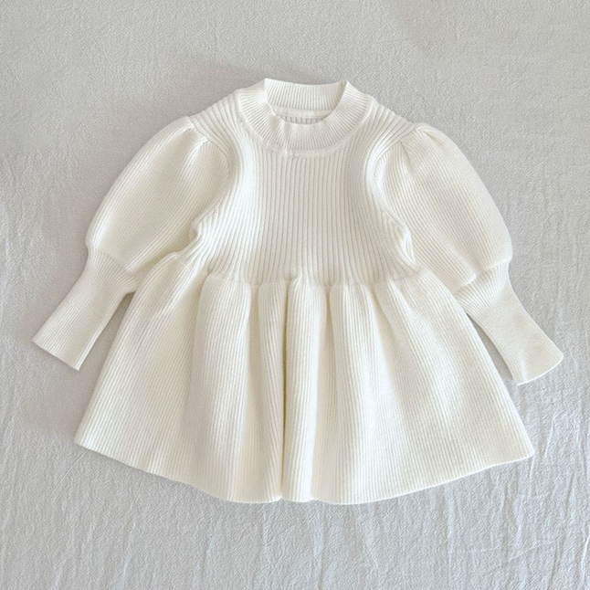 Puff Sleeve Knit Sweater Dress in White