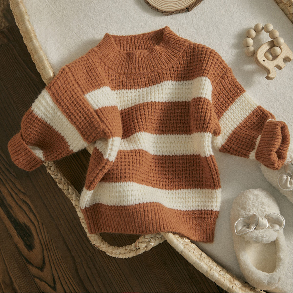 Striped Knit Pullover Sweater in Caramel